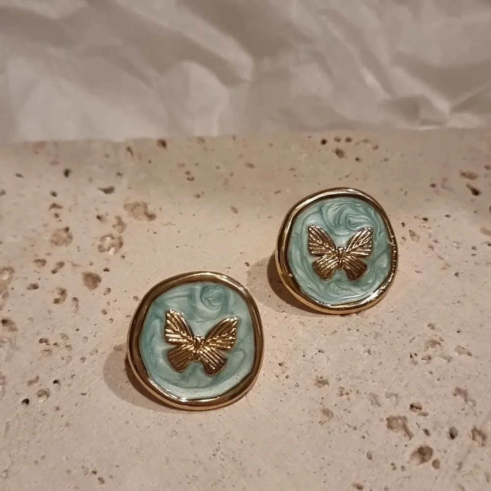 New! Vintage Style Aqua Enamel Gold Butterfly Stud Earrings Gold Plated A4 NWOT